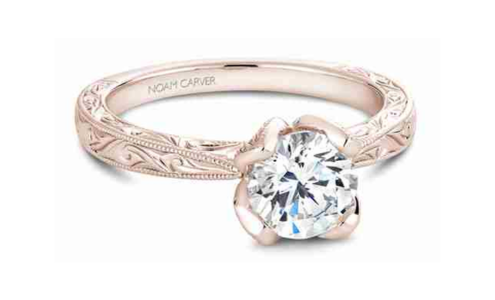 A close-up of a vintage-inspired Noam Carver engagement ring, available at Nash Jewellers.