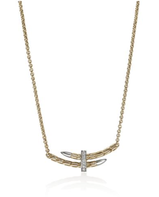 A yellow gold and sterling silver bar necklace with rolo chain.
