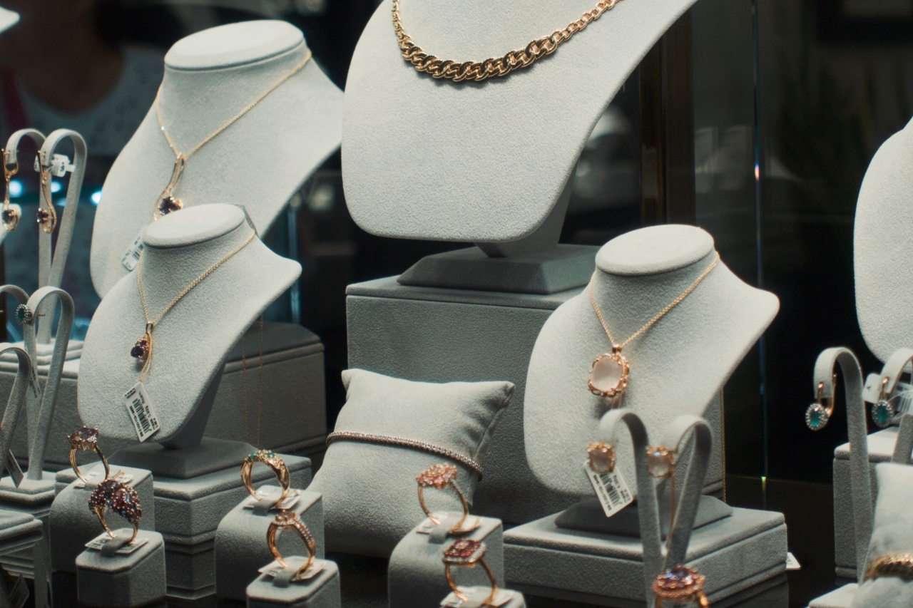 A jewellery showcase displaying rose gold gemstone rings and coordinating necklaces.
