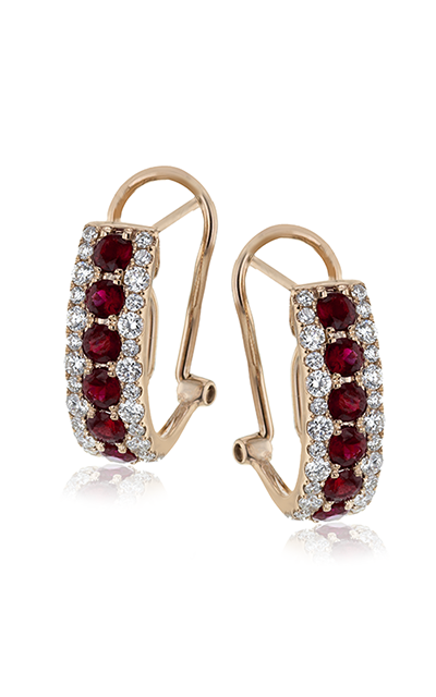 Gorgeous gold earrings with a row of red gemstones and shining stones