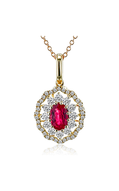 Luxurious gold necklace featuring an oval ruby and sparkling diamonds.