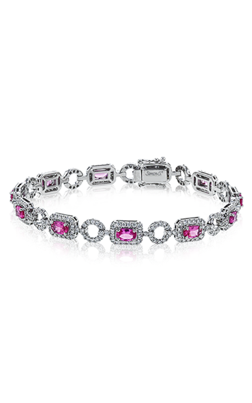 A white gold bracelet with pink gemstones and circular links