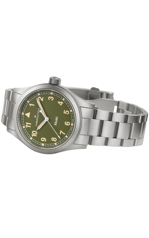 A Hamilton watch with a green dial and stainless steel bracelet.