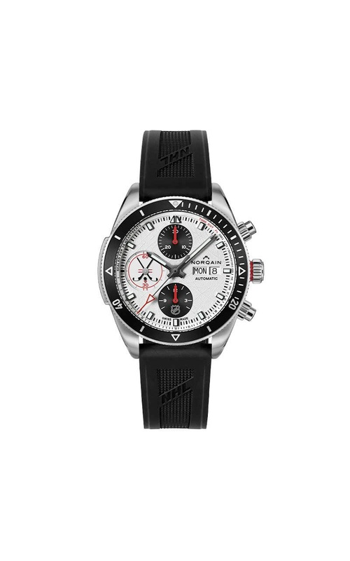 A Norqain watch with a black rubber strap and white dial with several subdials.