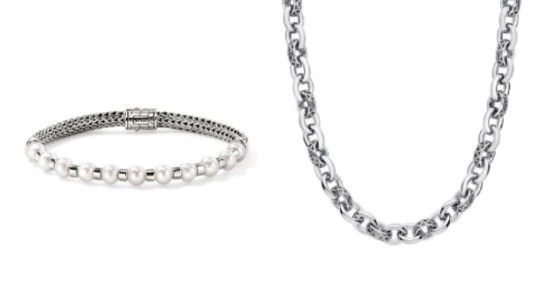 a sterling silver and pearl bracelet next to a sterling silver chain necklace