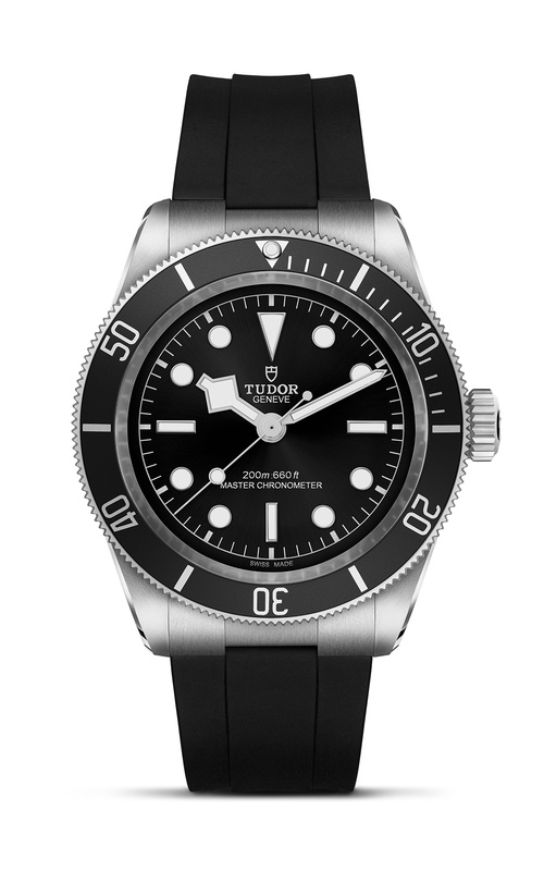 TUDOR Black Bay dive watch with a stainless steel case, a black rotating bezel, a matching black dial, and a black integrated rubber strap.
