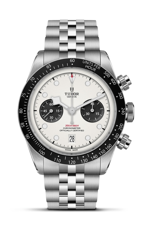 A TUDOR Black Bay Chrono "Panda" watch featuring a stainless steel five-link bracelet, a black tachymeter bezel, a white dial with contrasting black sub-dials.