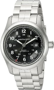 a black and silver watch from Hamilton’s Khaki Automatic collection