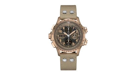 a khaki coloured watch with numerous compilations by Hamilton