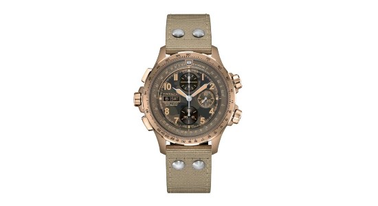 a khaki coloured watch with numerous compilations by Hamilton