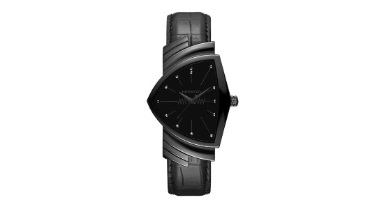 a unique black on black watch with a triangular case by Hamilton