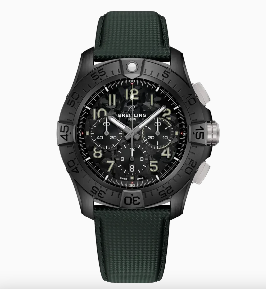 A Breitling watch with black dial, arabic numerals, and khaki green leather strap