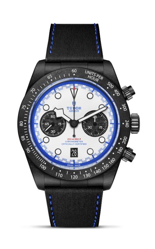 A black leather-rubber TUDOR watch with white dial and round indexes.