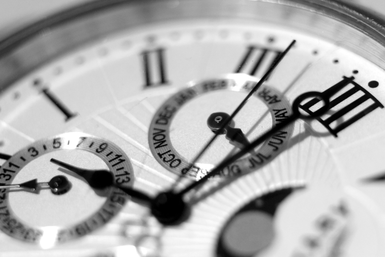 A black and white shot of a watch's subdials with roman numerals.